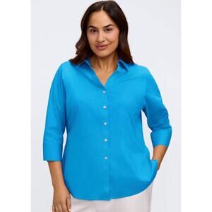 Foxcroft Womens 24W Plus Teal Blue Non Iron Shaped Fit 3/4 Sleeve Button Up Top